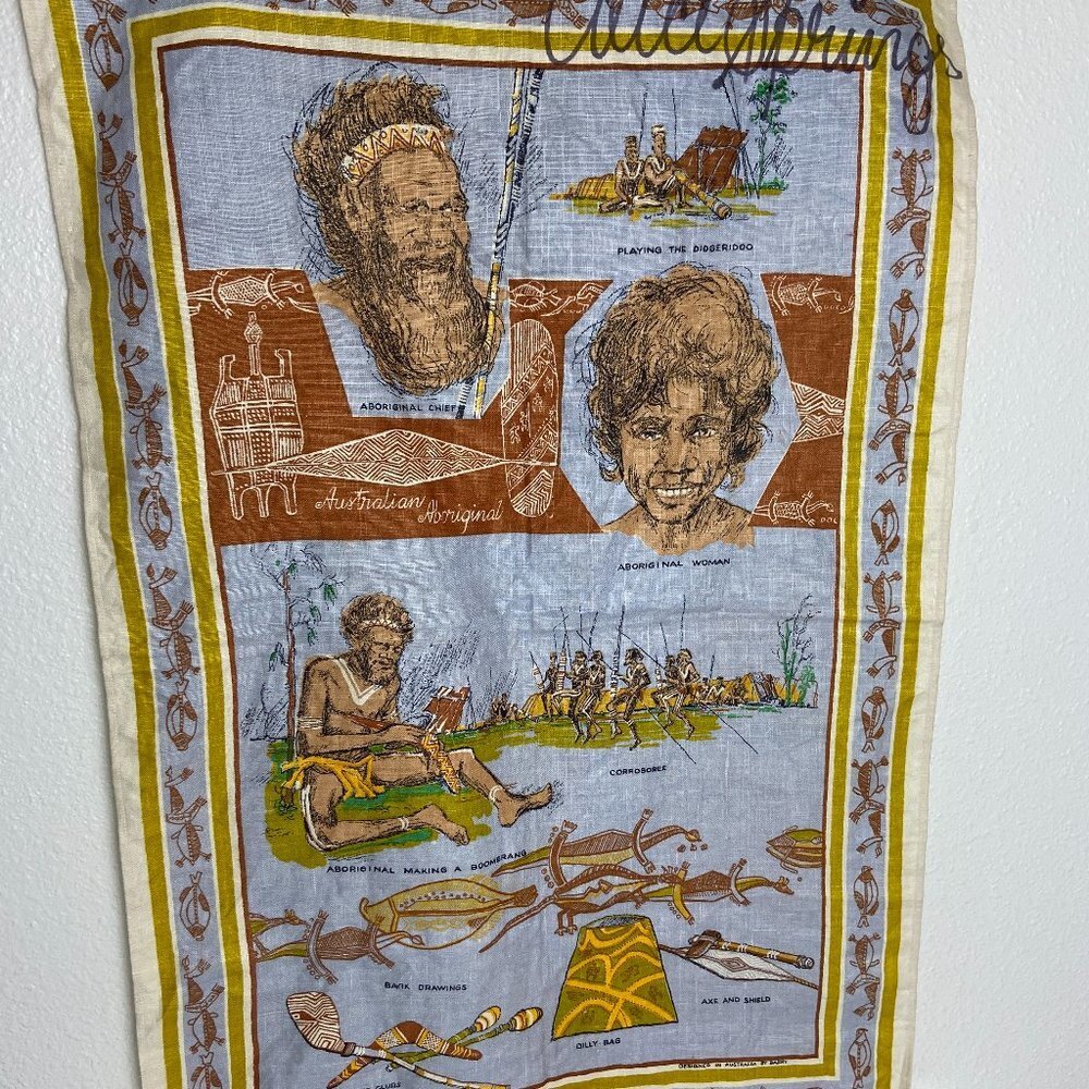 Vintage NEW Australian Aboriginal Tea Towel Pure Linen 21" x 32" Hand Pained